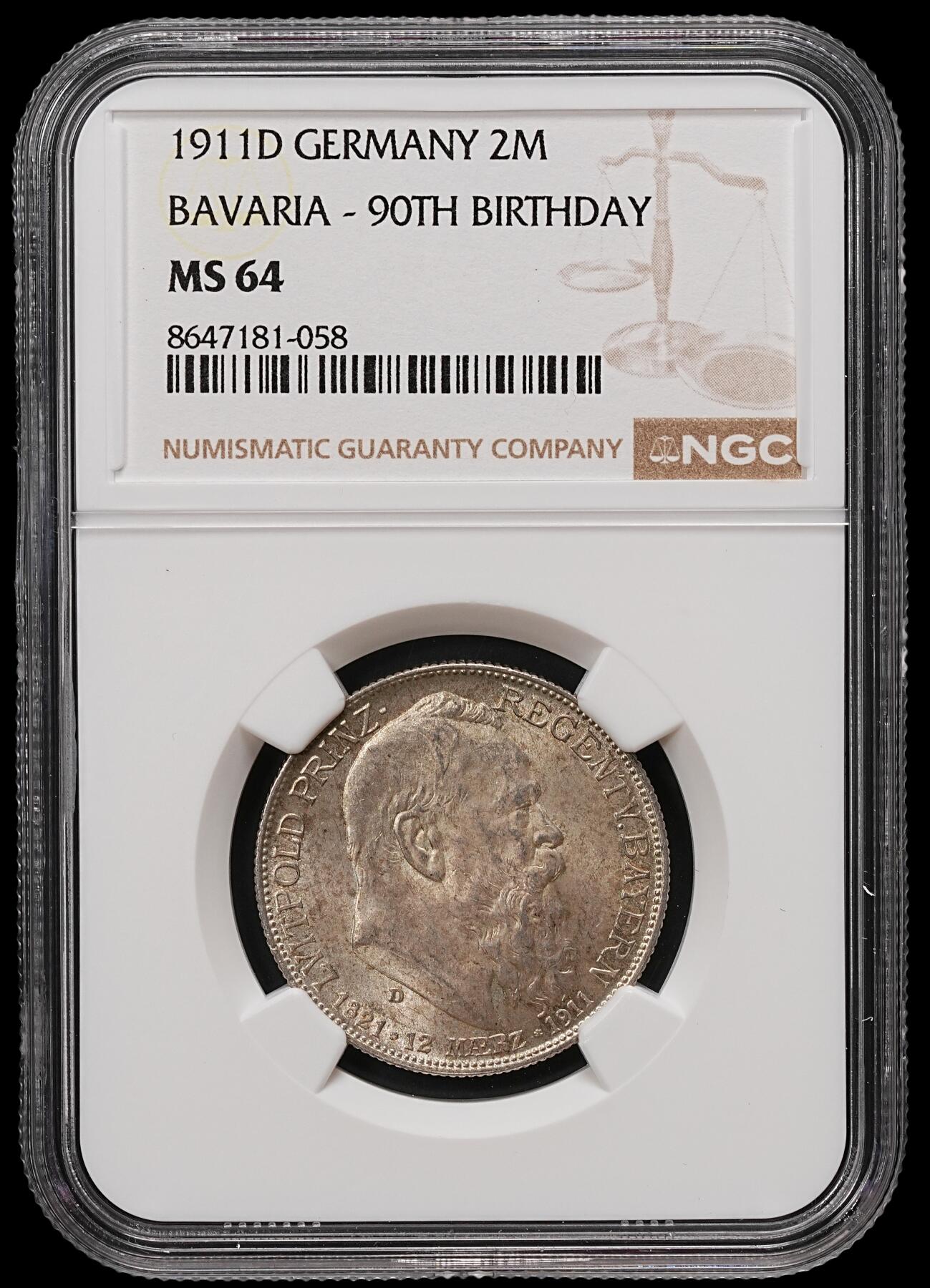 修遠堂世界钱币第110期 NGC MS64 1911年巴伐利亚摄政王90大寿纪念2马克银币