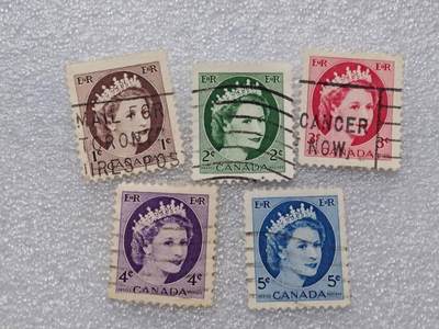  【淘币小摊】限时拍第八百九十一拍  外国老邮票 印花税票 火花纸品场    每周一统一发货 - 加拿大1954年女王邮票5枚