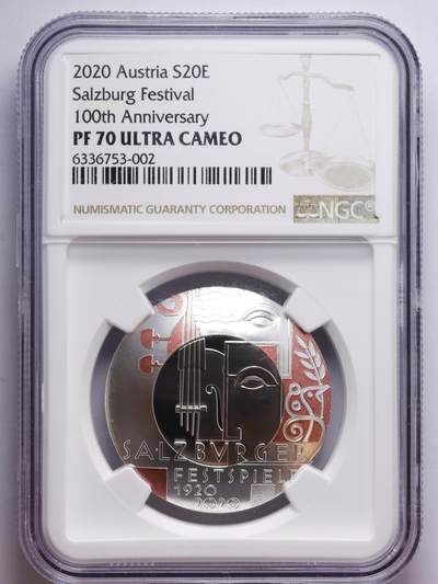 观钱 近现代机制币拍卖No.007（全场顺丰包邮，不区分偏远地区）  - 2020 年奥地利萨尔茨堡音乐节百年纪念 20 欧元精制银币（NGC PF70 Ultra Cameo）异形币，加厚盒