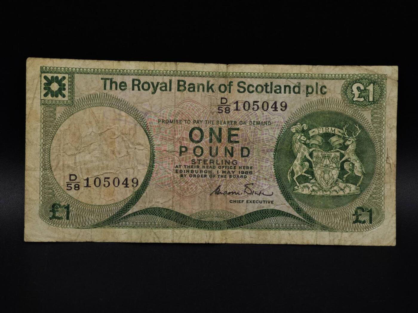  【淘币小摊】限时拍第八百九十拍   纸币场    每周一统一发货 英国苏格兰皇家银行1镑纸币【有折】