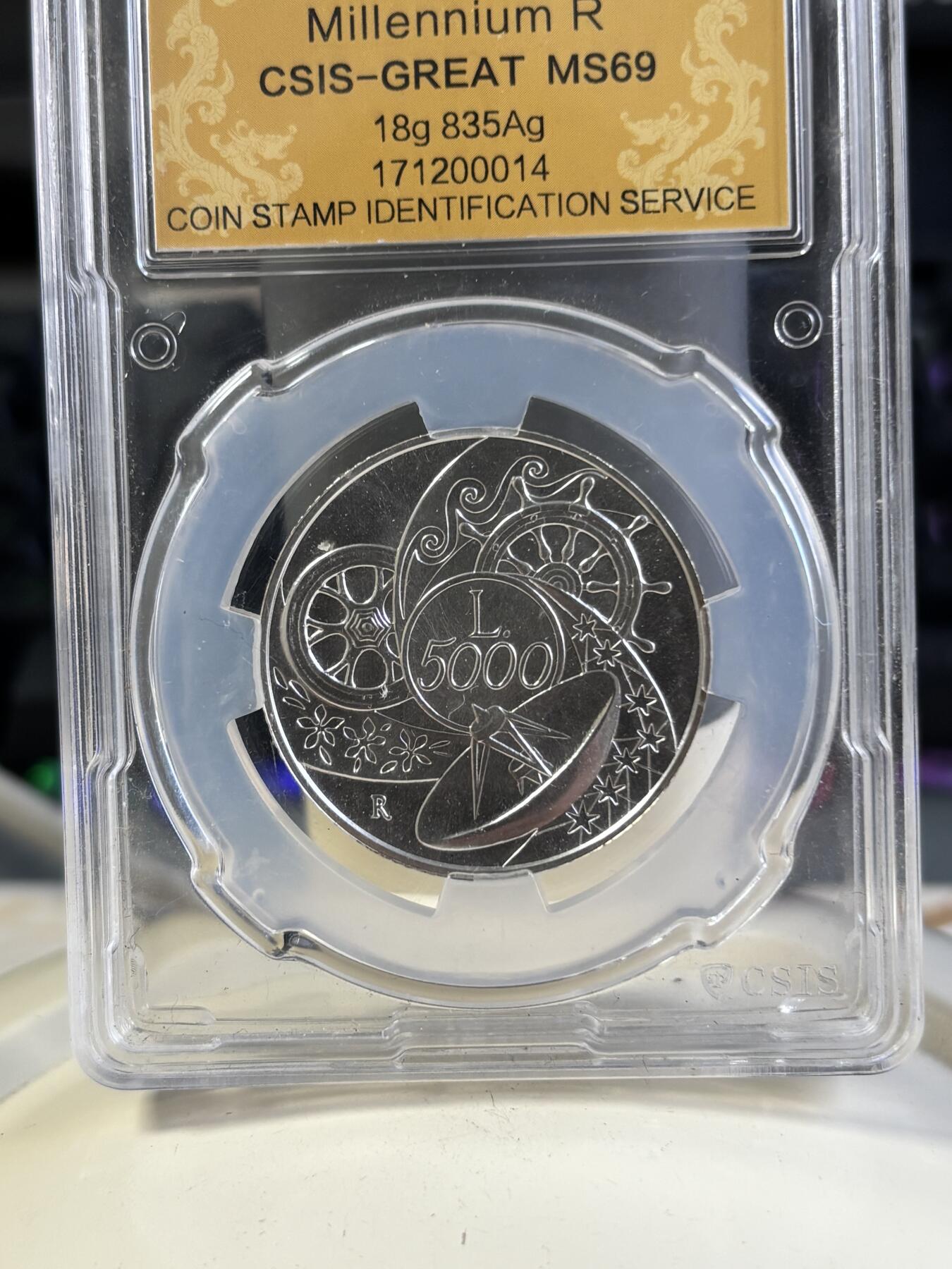 第197期拍卖 克劳斯获奖币意大利1999年千禧年磨砂纪念银币CSIS-MS69，18克，835银