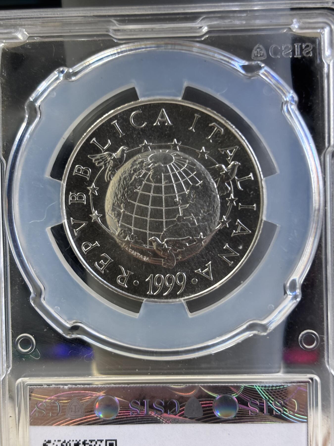 第197期拍卖 克劳斯获奖币意大利1999年千禧年磨砂纪念银币CSIS-MS69，18克，835银