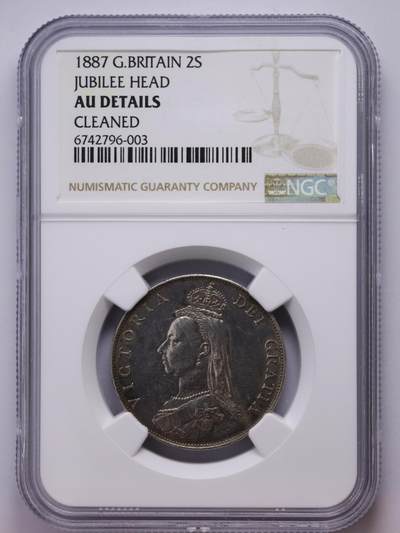 观钱 近现代机制币拍卖No.007（全场顺丰包邮，不区分偏远地区）  -  1887 年英国维多利亚 2 先令银币（禧年头像版，NGC AU Details Cleaned）底板老彩