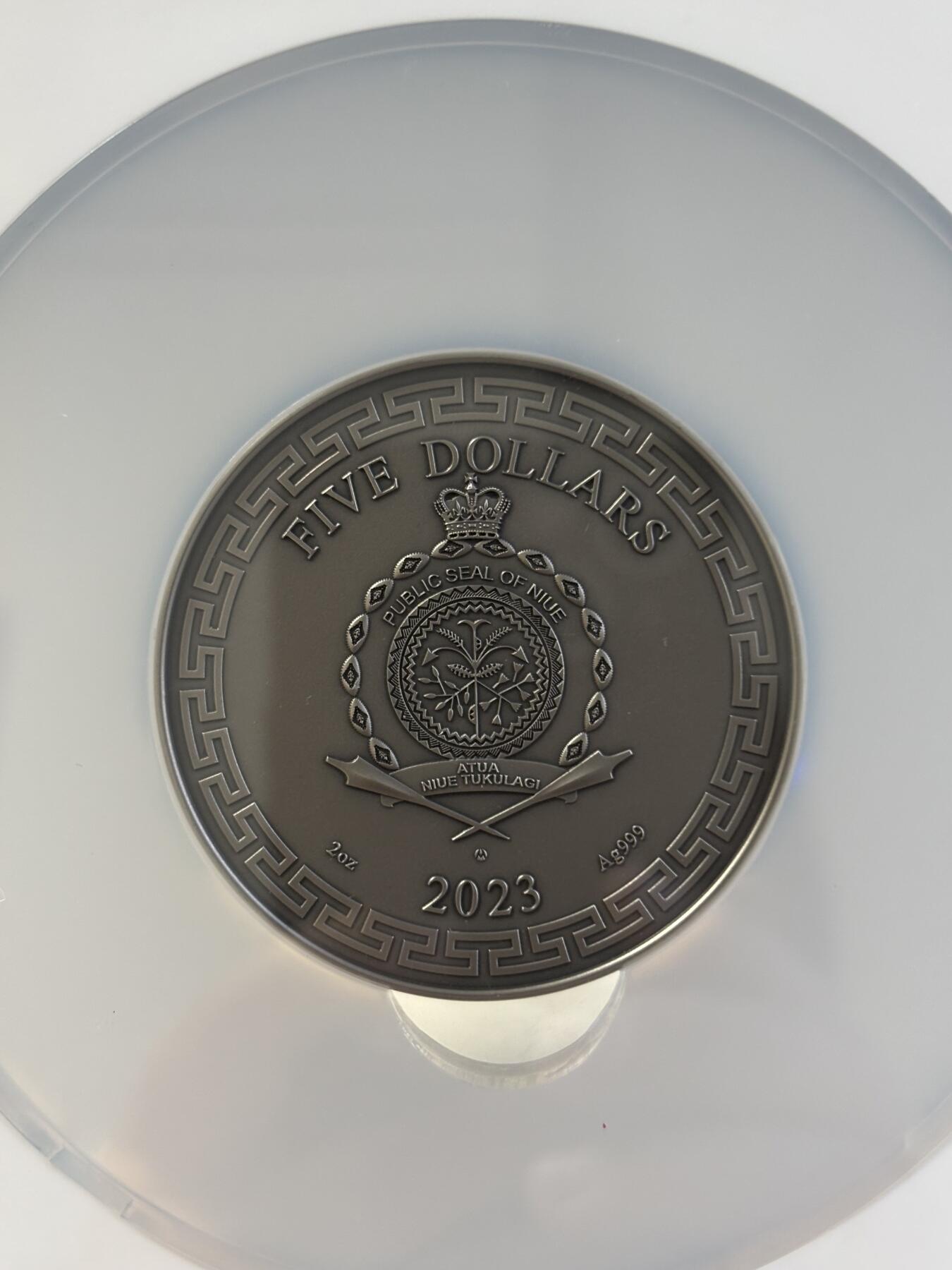 第197期拍卖 纽埃2023年中国龙艺术仿古精制2盎司银币NGC-MS70，999银，发行200枚