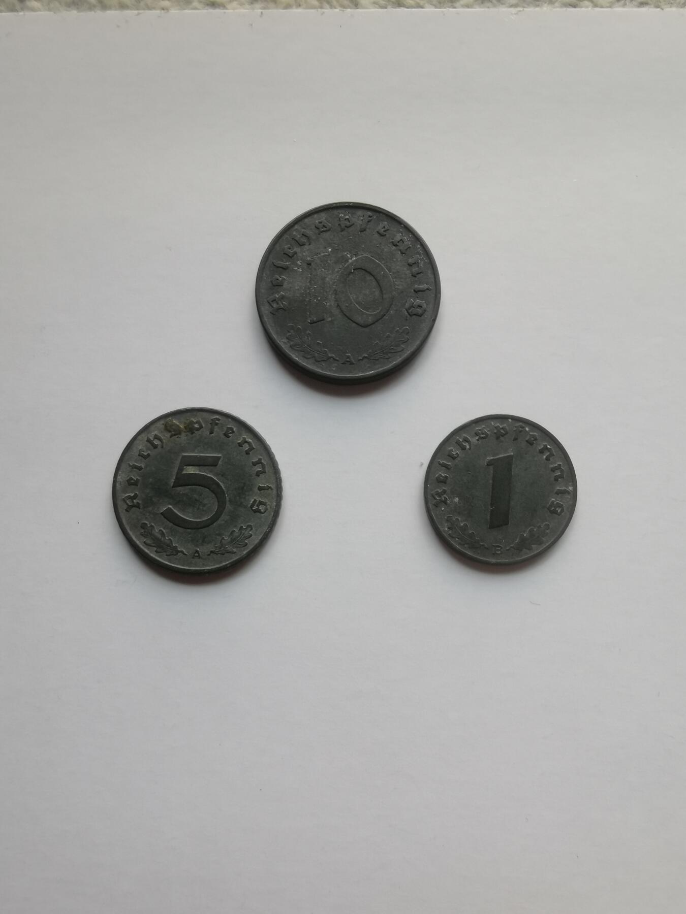 德意志第三帝国w字芬尼全A厂一套，面值1，5，10芬尼，细节清晰，历史收藏🥳