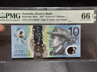 《外钞收藏家》第六百二十四期（精品场）（长期征集拍品、欢迎藏友们联系合作） - 2017年澳大利亚10元 塑料钞 PMG66 无47尾5531