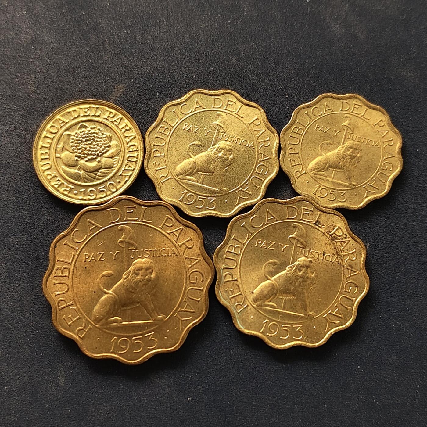 【全场包邮】纯粹捡漏拍518场 巴拉圭1950-1953年5枚套币-1分为1950年花版+10-50分4枚为1953年独年份版 BU品相