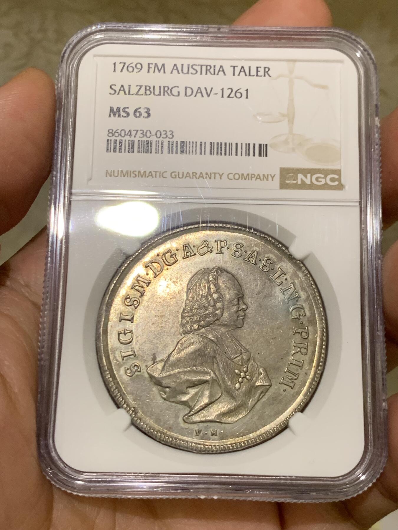 《竞宝斋》第477场 周日，周一 2场连拍 （全场包邮）欢迎送拍 唯一冠军分 NGC MS63 奥地利帝国 1769年 萨尔茨堡大主教区 施拉滕巴赫泰勒大银币 少见的小人像版本 也是唯一的MS级