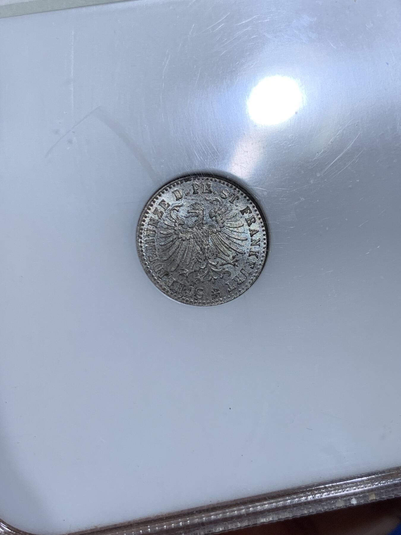 《竞宝斋》第477场 周日，周一 2场连拍 （全场包邮）欢迎送拍 NGC MS65 德意志法兰克福1861年1克鲁泽银币