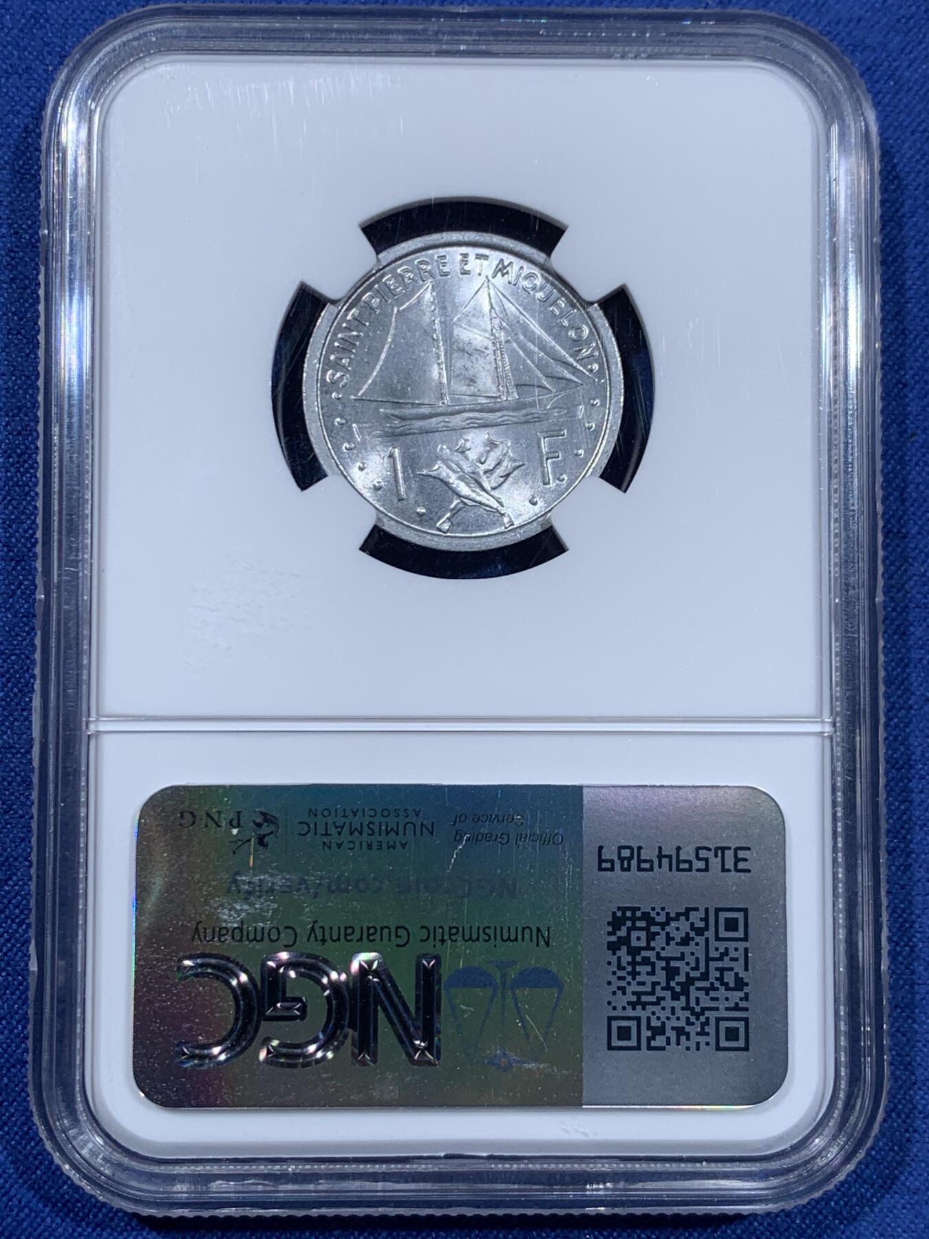 《竞宝斋》第477场 周日，周一 2场连拍 （全场包邮）欢迎送拍 NGC MS63 法属圣皮埃尔和密克隆1948年1法郎铝币 法属殖民地钱币背面设计各不相同，可供凑套收集，铝币高分好品难得