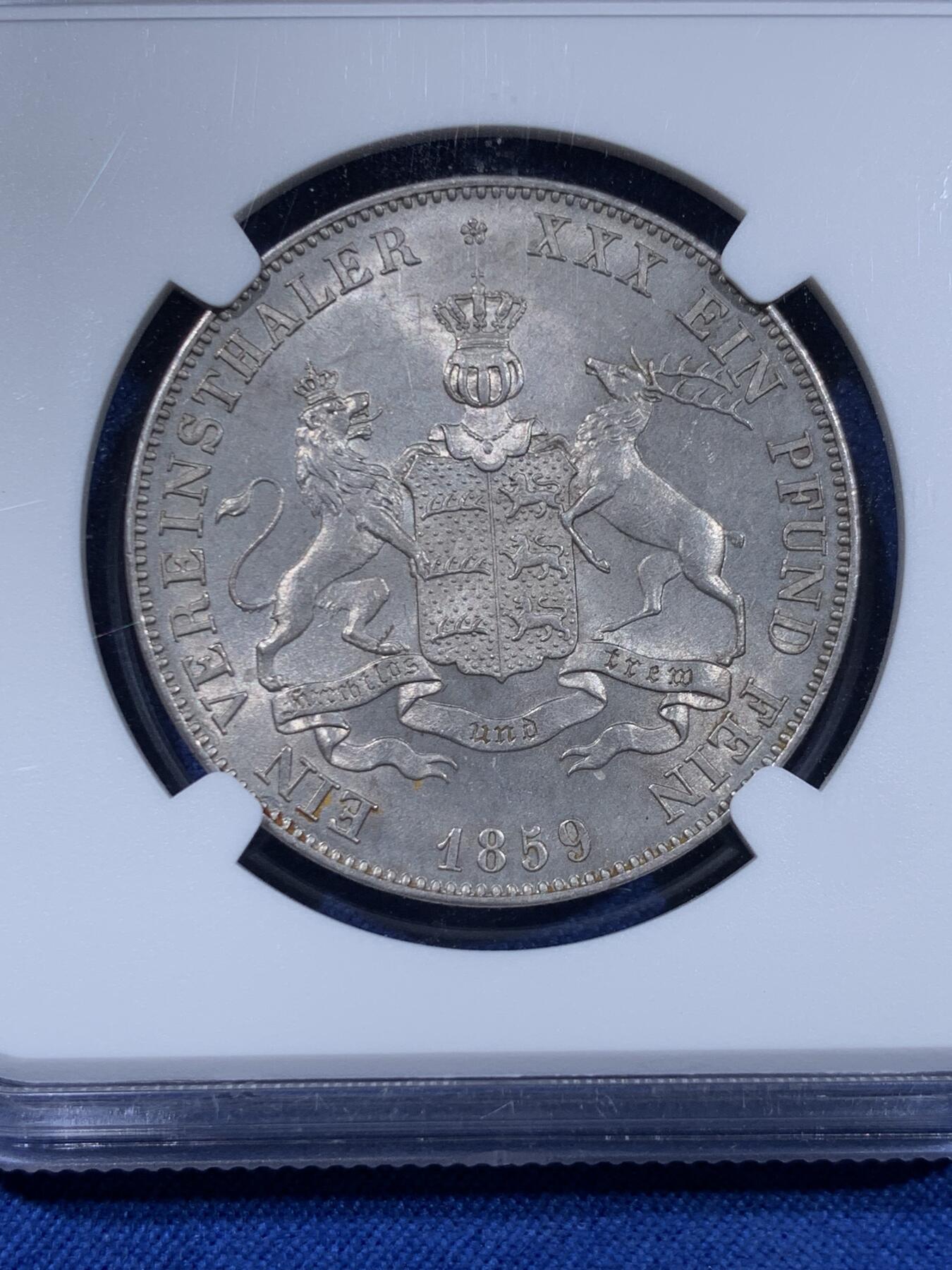 《竞宝斋》第477场 周日，周一 2场连拍 （全场包邮）欢迎送拍 NGC MS61 德国 1859 符腾堡 狮鹿泰勒 银币 德意志帝国早期南德邦国货币，少见品种