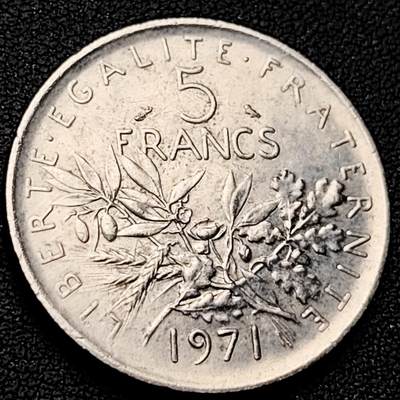 泉币菌-第220场-拍品多 请提前出价 - 法国早期（1971年）5法郎大镍币 29MM 播种女神 入欧前末版 绝版币