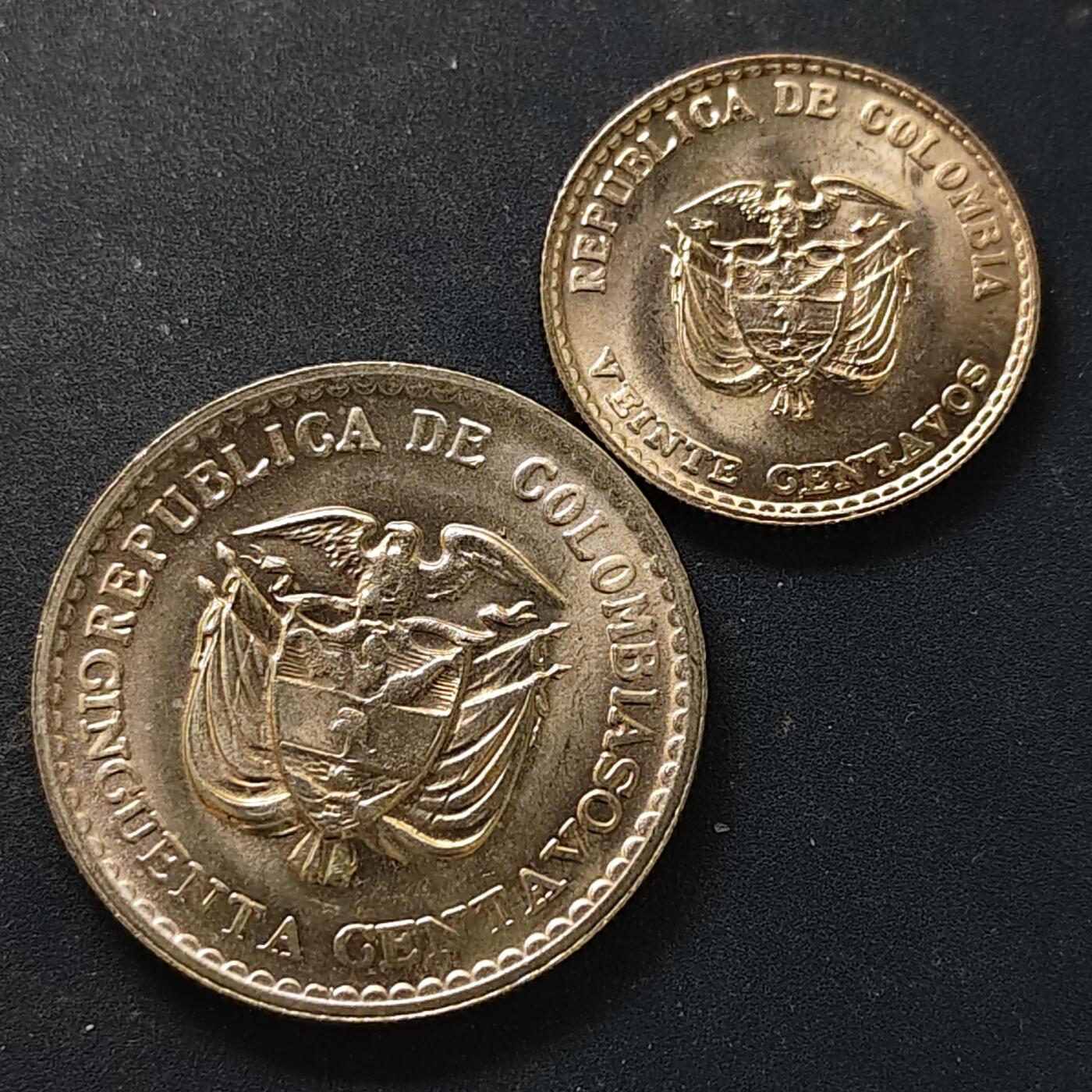 【全场包邮】纯粹捡漏拍518场 哥伦比亚1965年20-50分-政治家豪尔赫·埃利塞尔·盖坦2枚套币