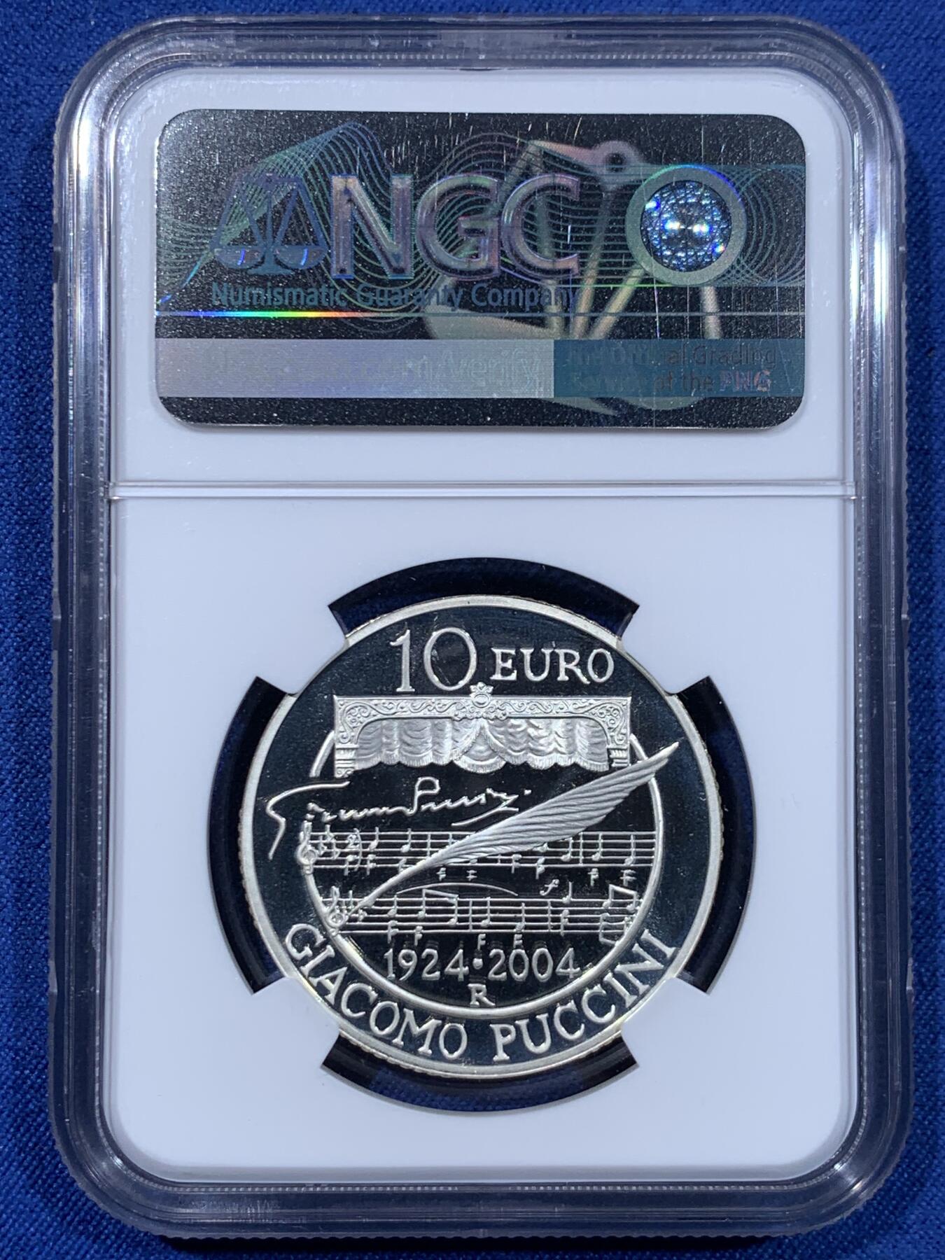 《竞宝斋》第477场 周日，周一 2场连拍 （全场包邮）欢迎送拍 NGC PF69UC 意大利2004年贾科莫·普契尼（意大利歌剧作曲家) 10欧元精制银币 22克 925银 发行量8000枚 冠军分