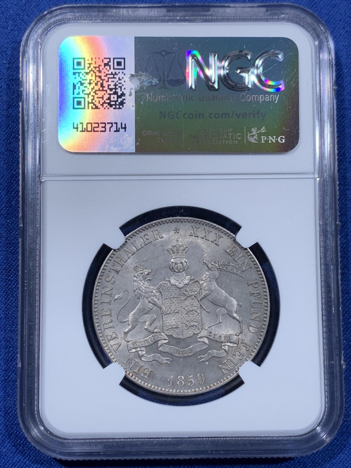 《竞宝斋》第477场 周日，周一 2场连拍 （全场包邮）欢迎送拍 NGC MS61 德国 1859 符腾堡 狮鹿泰勒 银币 德意志帝国早期南德邦国货币，少见品种