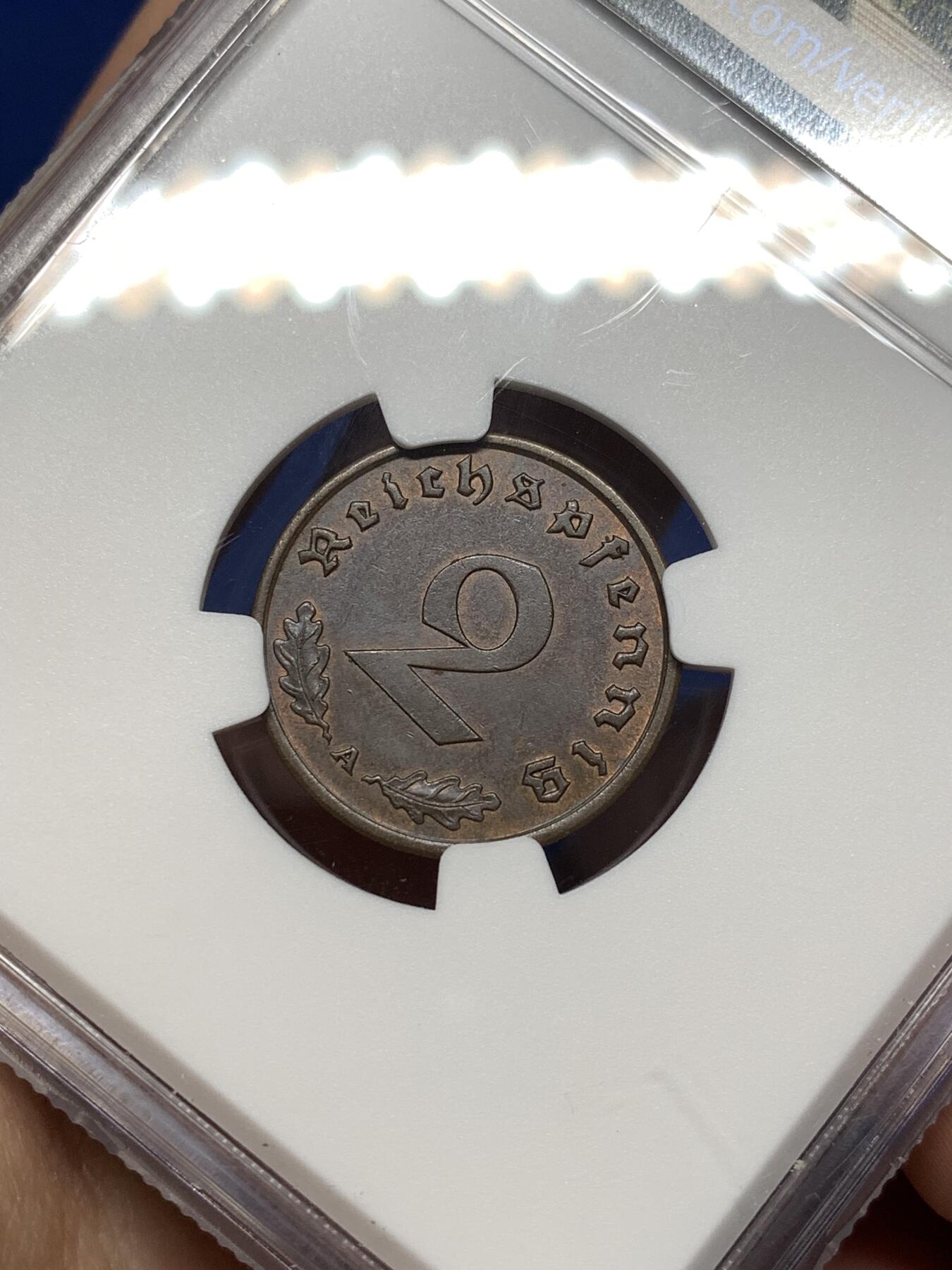 《竞宝斋》第477场 周日，周一 2场连拍 （全场包邮）欢迎送拍 NGC-MS62BN 德国1938A 二芬尼铜币，经典品种，品相不错