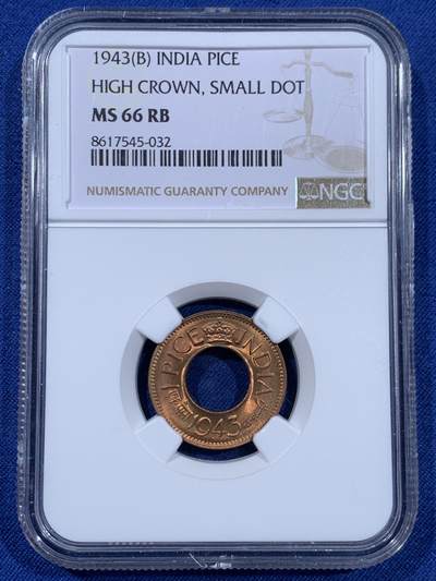《竞宝斋》第477场 周日，周一 2场连拍 （全场包邮）欢迎送拍 - NGC MS66RD 英属印度 1943年 1PICE 中孔铜币 亚军分