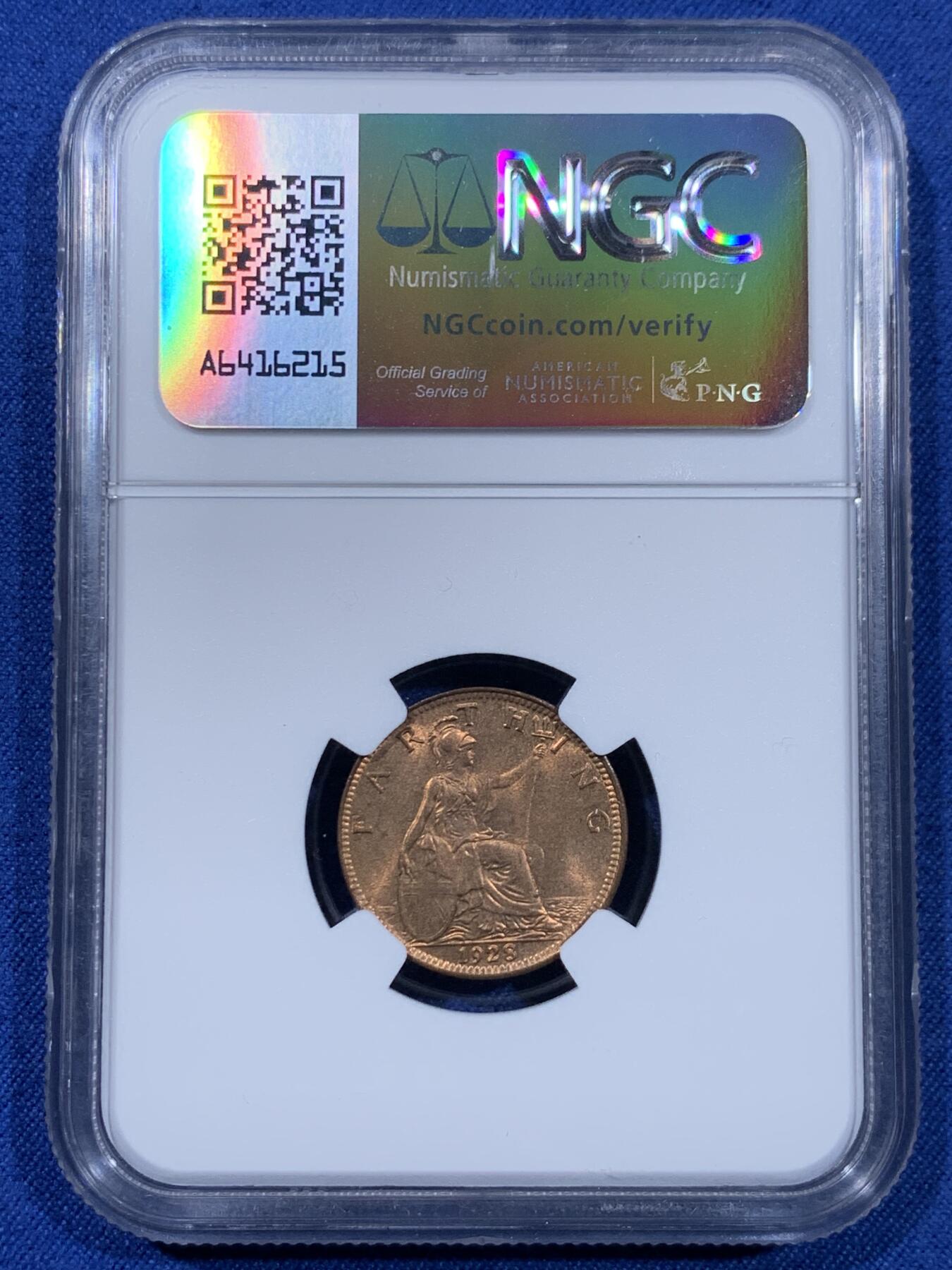 《竞宝斋》第477场 周日，周一 2场连拍 （全场包邮）欢迎送拍 NGC MS65RB 英国 1928年 乔治五世 1法新铜 1/4便士铜币 第三版头像相较前两版对于细节的营造更为清晰，整体更加工整。高分难得