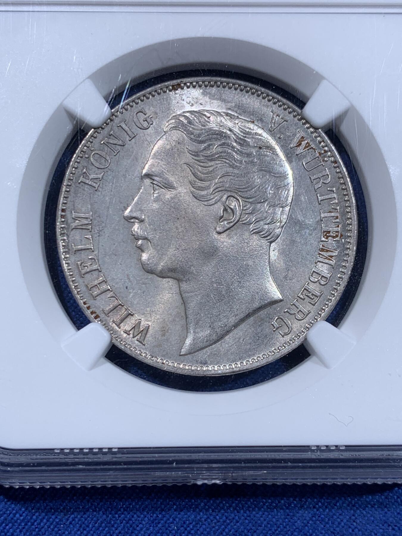 《竞宝斋》第477场 周日，周一 2场连拍 （全场包邮）欢迎送拍 NGC MS61 德国 1859 符腾堡 狮鹿泰勒 银币 德意志帝国早期南德邦国货币，少见品种