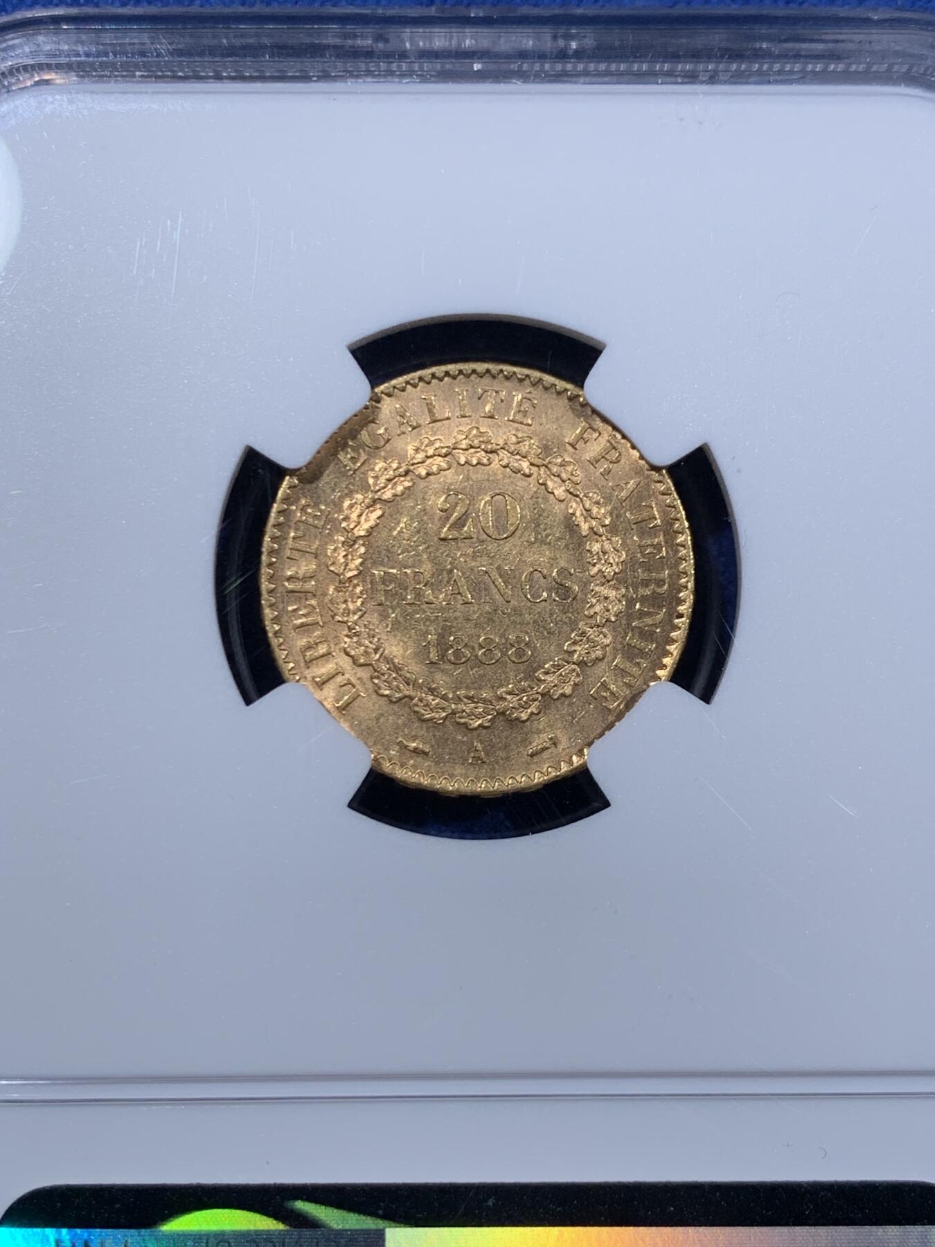 《竞宝斋》第477场 周日，周一 2场连拍 （全场包邮）欢迎送拍 NGC MS62 法国1888年幸运天使金币 20法郎 少见原光好品收藏金币 1888发财好币 此年是该系列中发行量最少的年份 900金 6.45克 只有27707枚 因此高分很难得