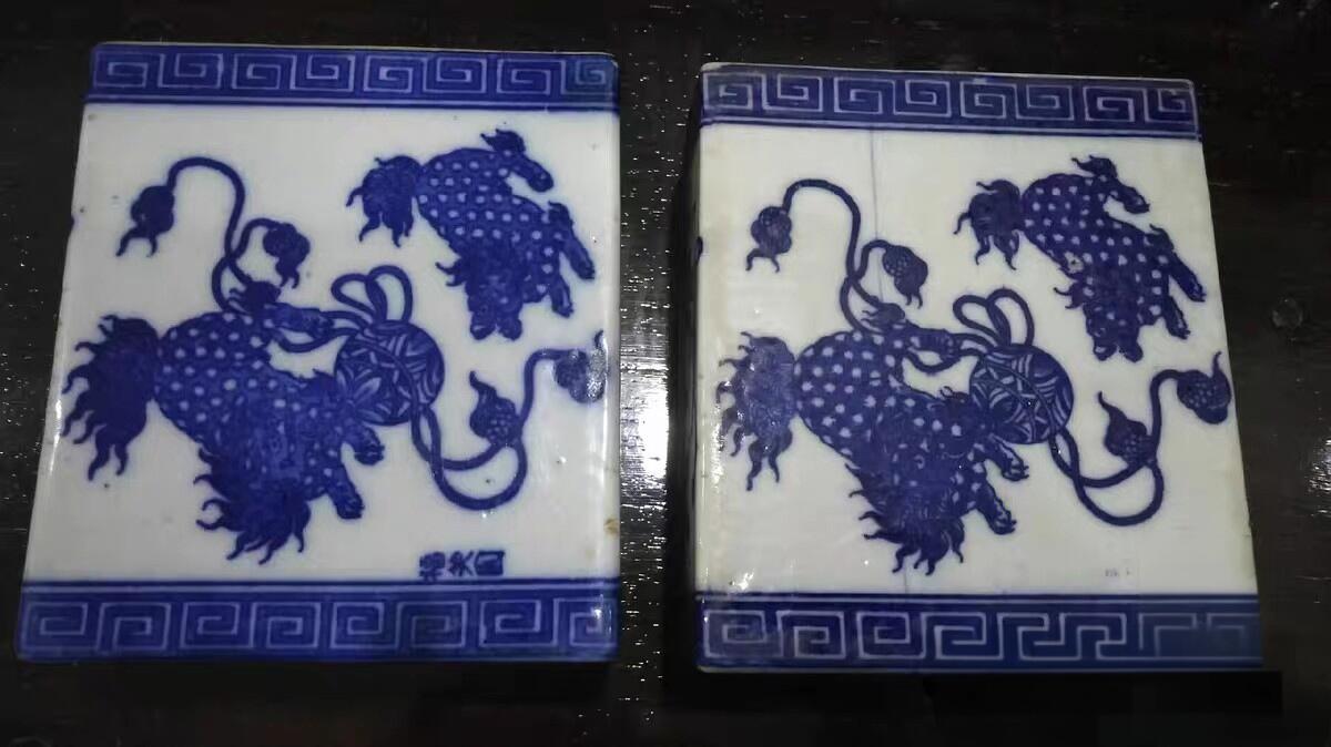 清代青花狮子绣球牡丹花脉枕一对