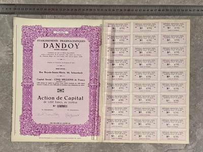 上世纪初国外股票金融票证限时拍，全场包邮0佣金，第260407期 -  【乾奕收藏】比利时DANDOY制药公司1944年10月4日1000法郎无记名股票，编号4791，500万法郎资本，5000股，品相以图为准，适合老证券、股票、历史资料收藏。因年代久远加之纸质收藏品保存难度大，部分藏品会有裂口，装订孔，缺角，折叠，老式贴补等正常现象属正常范围。