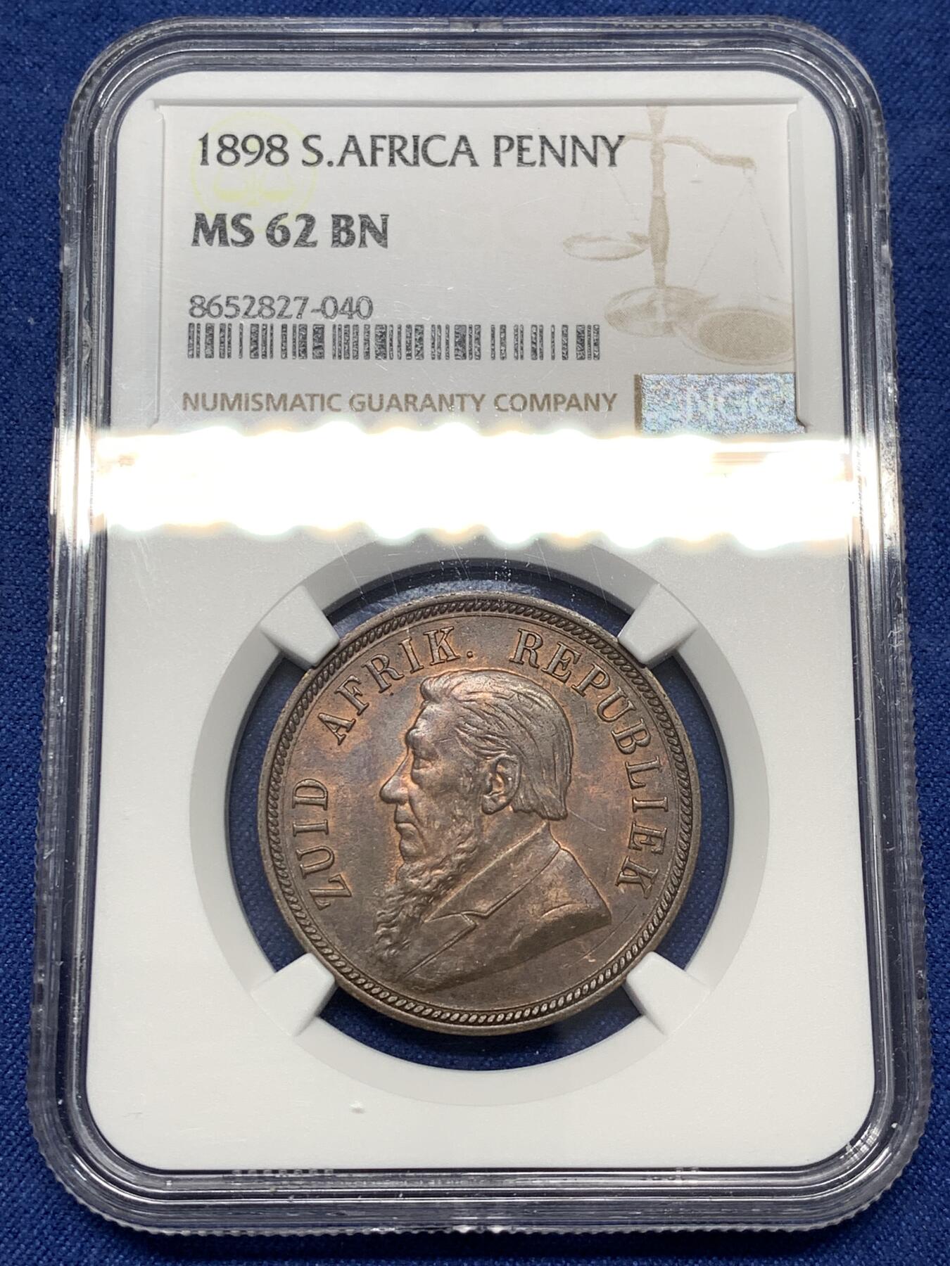《竞宝斋》第477场 周日，周一 2场连拍 （全场包邮）欢迎送拍 NGC MS62BN 南非共和国1898年1便士铜币，铜光和细节不错，铸造量262830枚