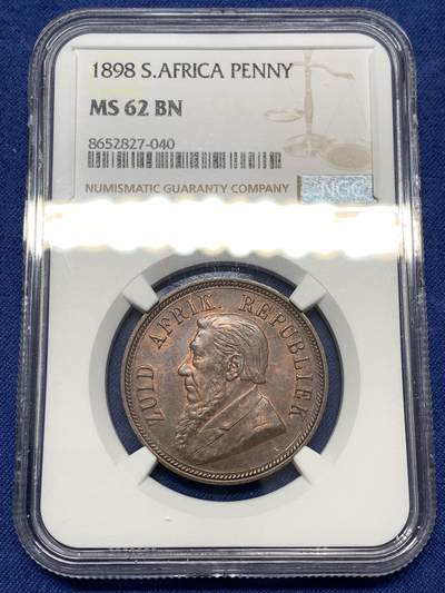 《竞宝斋》第477场 周日，周一 2场连拍 （全场包邮）欢迎送拍 - NGC MS62BN 南非共和国1898年1便士铜币，铜光和细节不错，铸造量262830枚