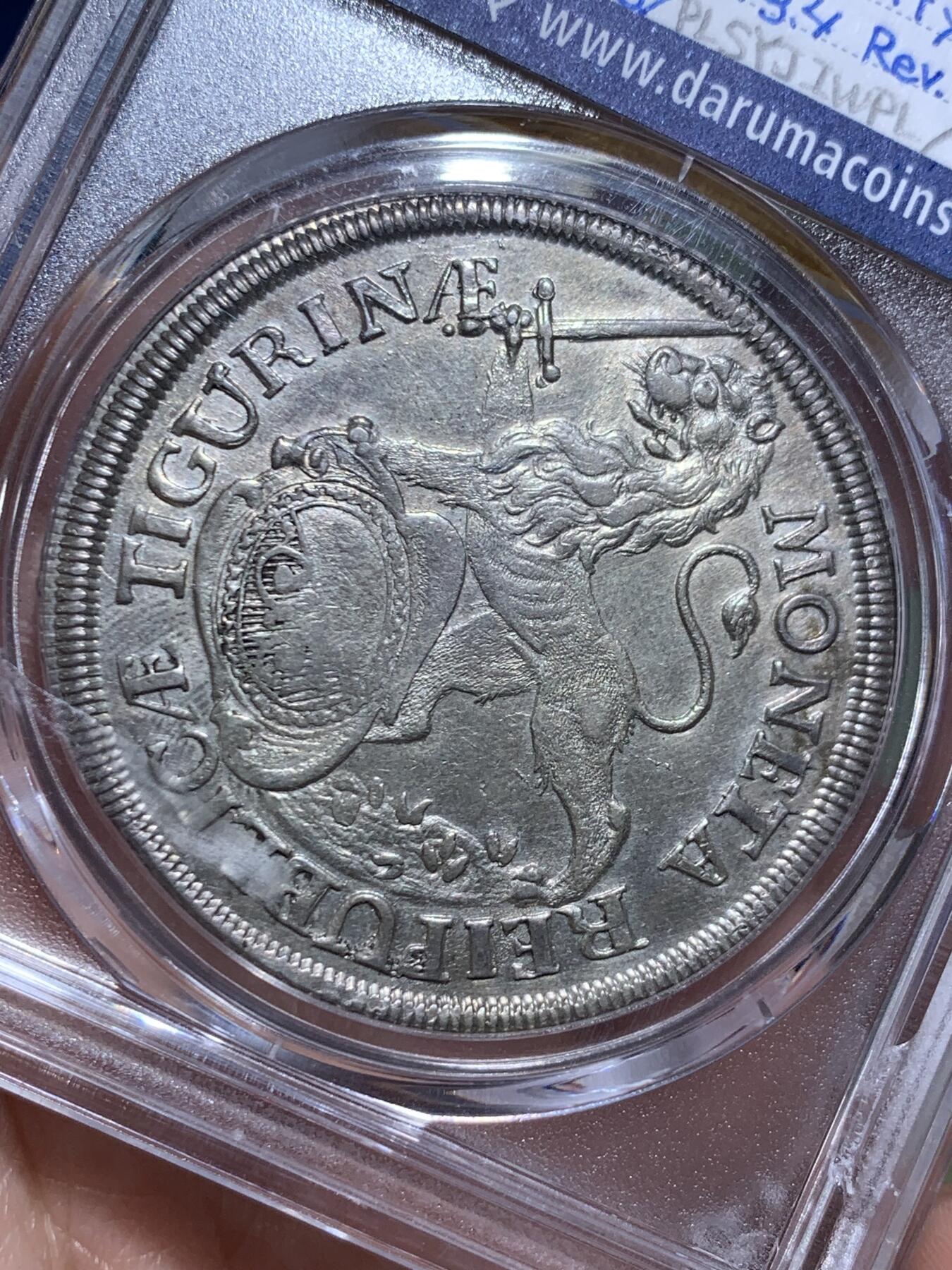 《竞宝斋》第477场 周日，周一 2场连拍 （全场包邮）欢迎送拍 唯一亚军分 PCGS AU58 瑞士1761年 苏黎世城市景观1泰勒大银币 少见品种，热门城市景观泰勒 盒子背面支撑有磕