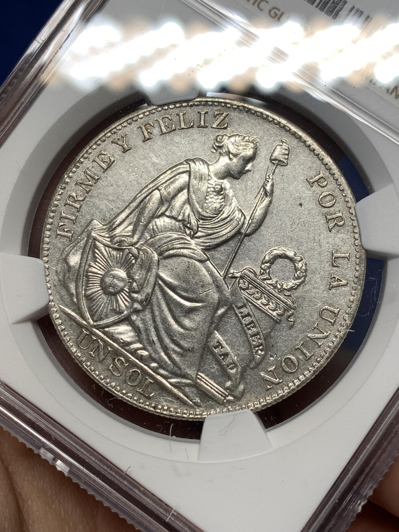 《竞宝斋》第477场 周日，周一 2场连拍 （全场包邮）欢迎送拍 NGC AUD 秘鲁1934年坐人女神1索尔银币