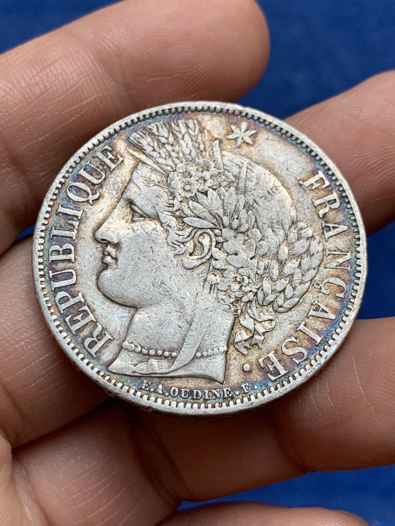 《竞宝斋》第477场 周日，周一 2场连拍 （全场包邮）欢迎送拍 法国1870年A版谷物女神5法郎银币