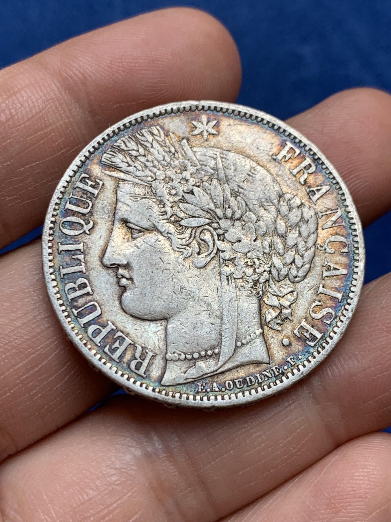 《竞宝斋》第477场 周日，周一 2场连拍 （全场包邮）欢迎送拍 法国1870年A版谷物女神5法郎银币