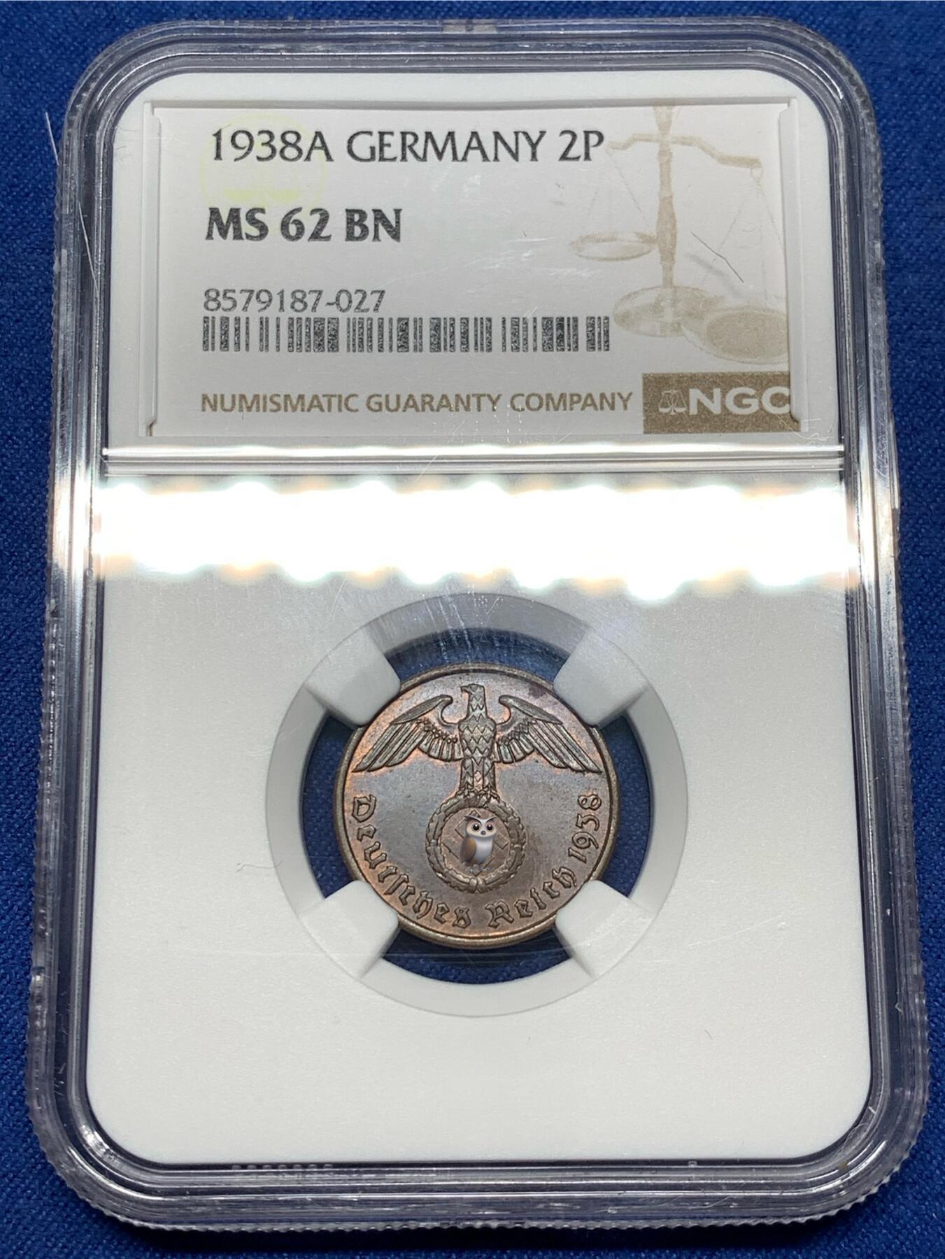 《竞宝斋》第477场 周日，周一 2场连拍 （全场包邮）欢迎送拍 NGC-MS62BN 德国1938A 二芬尼铜币，经典品种，品相不错