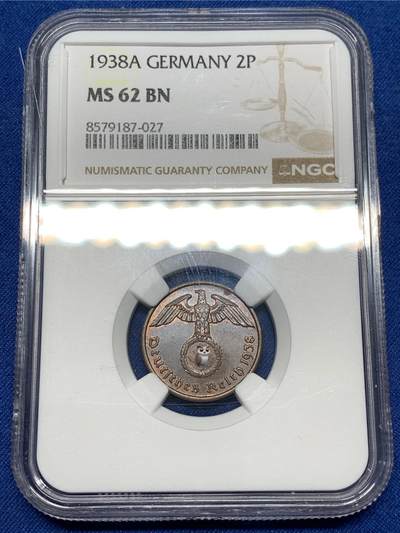 《竞宝斋》第477场 周日，周一 2场连拍 （全场包邮）欢迎送拍 - NGC-MS62BN 德国1938A 二芬尼铜币，经典品种，品相不错