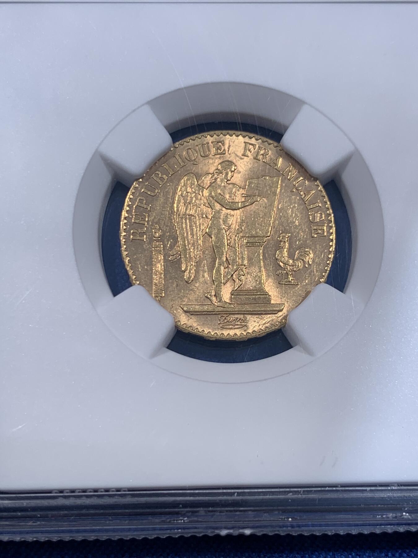 《竞宝斋》第477场 周日，周一 2场连拍 （全场包邮）欢迎送拍 NGC MS62 法国1888年幸运天使金币 20法郎 少见原光好品收藏金币 1888发财好币 此年是该系列中发行量最少的年份 900金 6.45克 只有27707枚 因此高分很难得