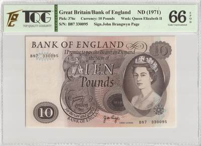 PThappally收藏第56次拍卖，英联邦地区硬币纸币 - 英格兰银行 1971 年 10 英镑 Pick 376c TQG 66 EPQD Gem UNC
