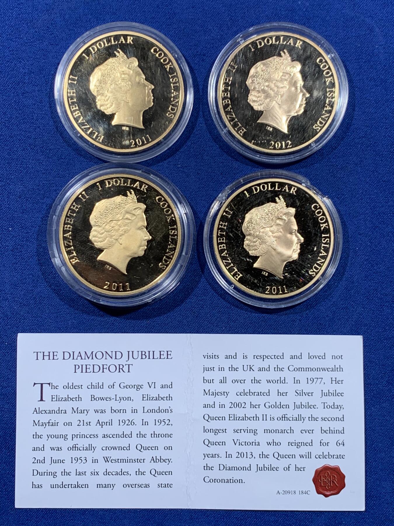 《竞宝斋》第477场 周日，周一 2场连拍 （全场包邮）欢迎送拍 四枚一组 伊丽莎白二世钻石婚礼库克群岛1镑24k镀金纪念币，其中一枚是加厚版带证书。