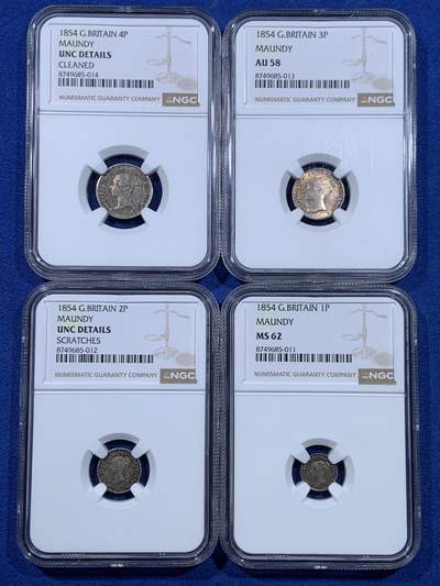 《竞宝斋》第477场 周日，周一 2场连拍 （全场包邮）欢迎送拍 - 四枚一组 NGC AU58-MS62 英国1854年维多利亚濯足币 1-4便士银币