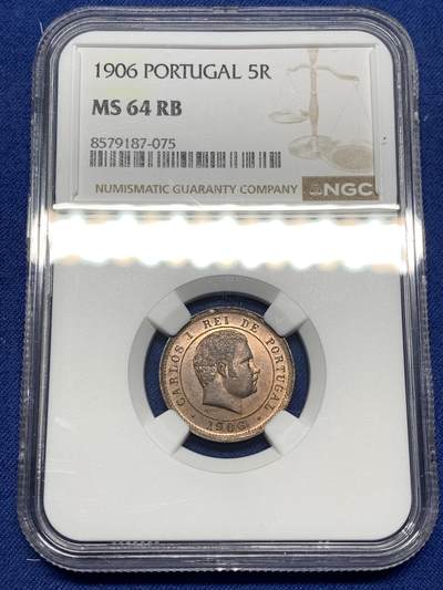 《竞宝斋》第477场 周日，周一 2场连拍 （全场包邮）欢迎送拍 - NGC-MS64RB 葡萄牙1906年五分铜币，64的高分不多见，铜光状态美