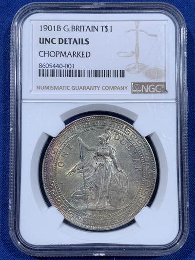 《竞宝斋》第477场 周日，周一 2场连拍 （全场包邮）欢迎送拍 - NGC UNCD 英国贸易银1901年B版站洋，原光带彩，有戳