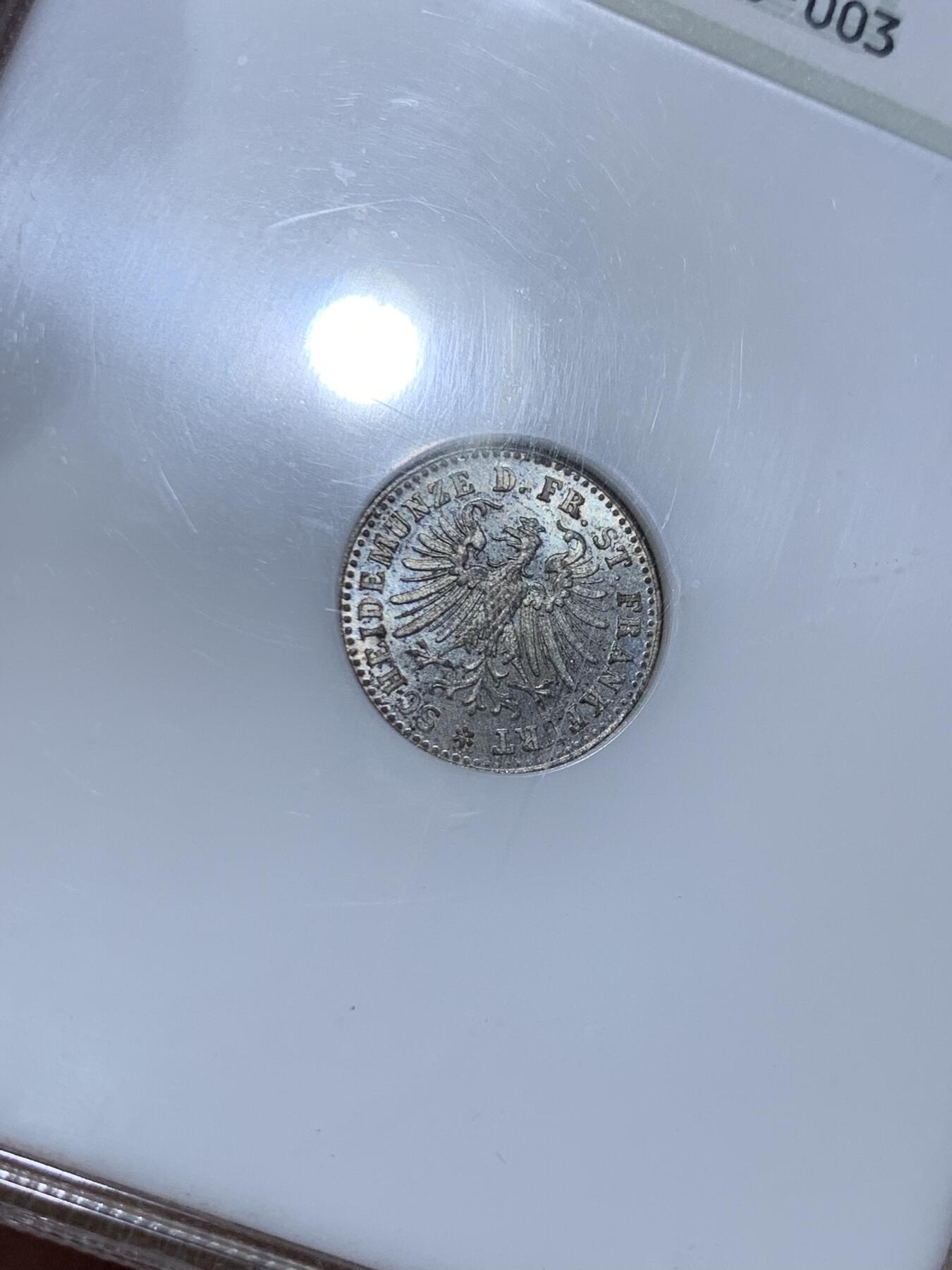 《竞宝斋》第477场 周日，周一 2场连拍 （全场包邮）欢迎送拍 NGC MS65 德意志法兰克福1861年1克鲁泽银币