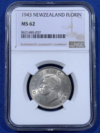 《竞宝斋》第477场 周日，周一 2场连拍 （全场包邮）欢迎送拍 - NGC MS62 新西兰1943年几维鸟1弗洛林银币，转光强烈，该品种ms少见
