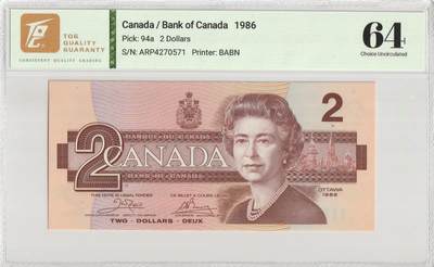 PThappally收藏第56次拍卖，英联邦地区硬币纸币 - 加拿大银行 1986 年 2 元 Pick 94a