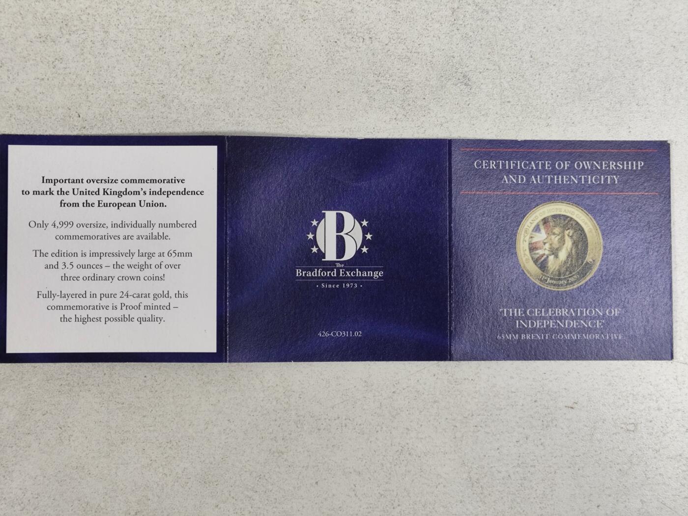 2020年1月31日英国脱离欧盟独立24K镀金精制纪念章