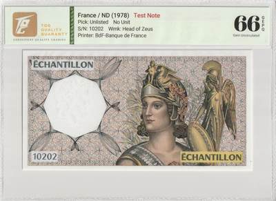 PThappally收藏第56次拍卖，英联邦地区硬币纸币 - 法国测试笔记 1978, ECHANTILLON, TQG 66 GEPQ Gem UNC