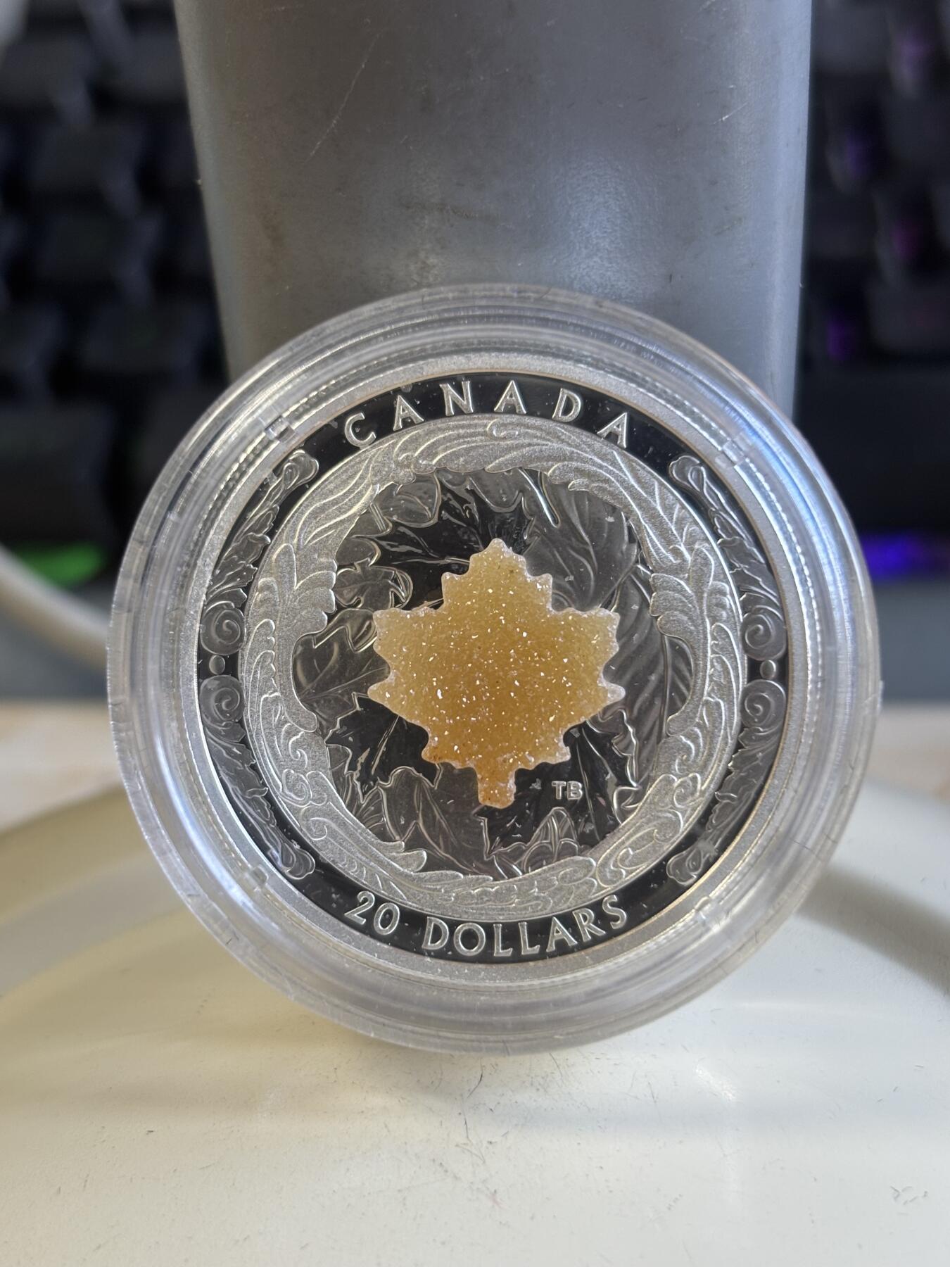 第197期拍卖 加拿大2016年雄伟的枫叶首枚镶嵌宝石大桦叶纪念银币，9999银，1盎司，发行4000枚