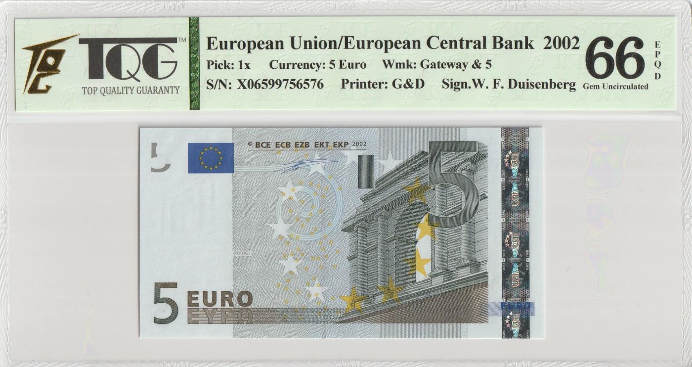 PThappally收藏第56次拍卖，英联邦地区硬币纸币 欧洲联盟中央银行 2002 5 欧元 Pick 1 (X) Germany TQG 66 EPQD Gem UNC