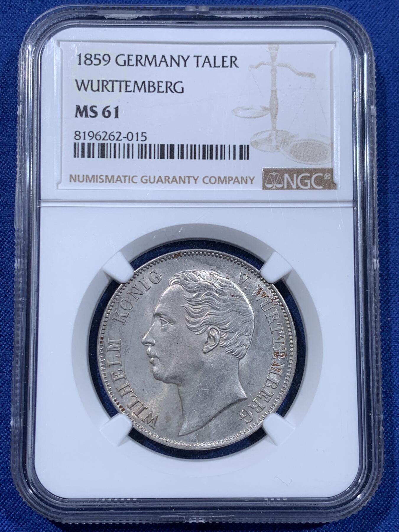 《竞宝斋》第477场 周日，周一 2场连拍 （全场包邮）欢迎送拍 NGC MS61 德国 1859 符腾堡 狮鹿泰勒 银币 德意志帝国早期南德邦国货币，少见品种