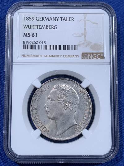 《竞宝斋》第477场 周日，周一 2场连拍 （全场包邮）欢迎送拍 - NGC MS61 德国 1859 符腾堡 狮鹿泰勒 银币 德意志帝国早期南德邦国货币，少见品种
