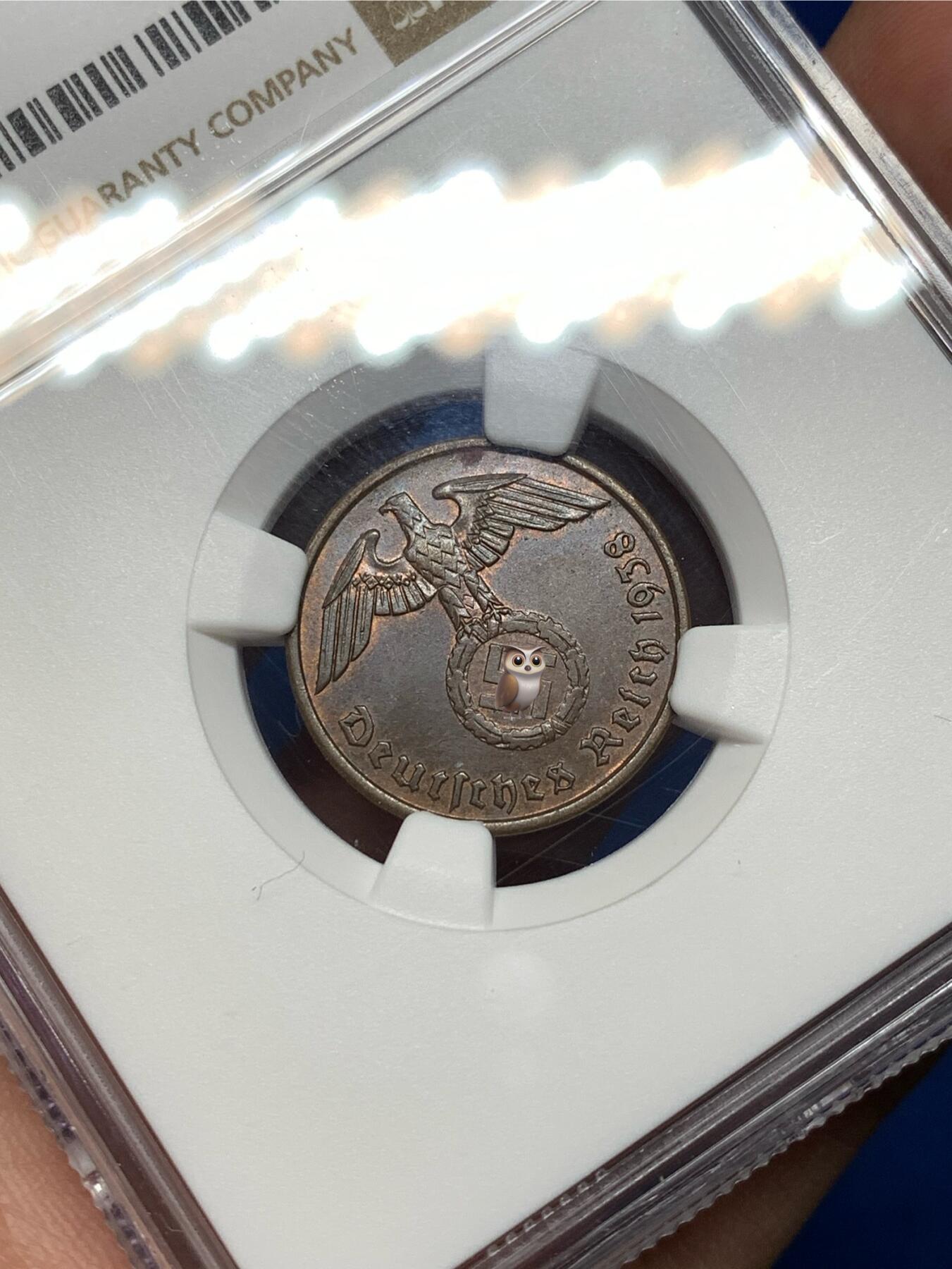 《竞宝斋》第477场 周日，周一 2场连拍 （全场包邮）欢迎送拍 NGC-MS62BN 德国1938A 二芬尼铜币，经典品种，品相不错